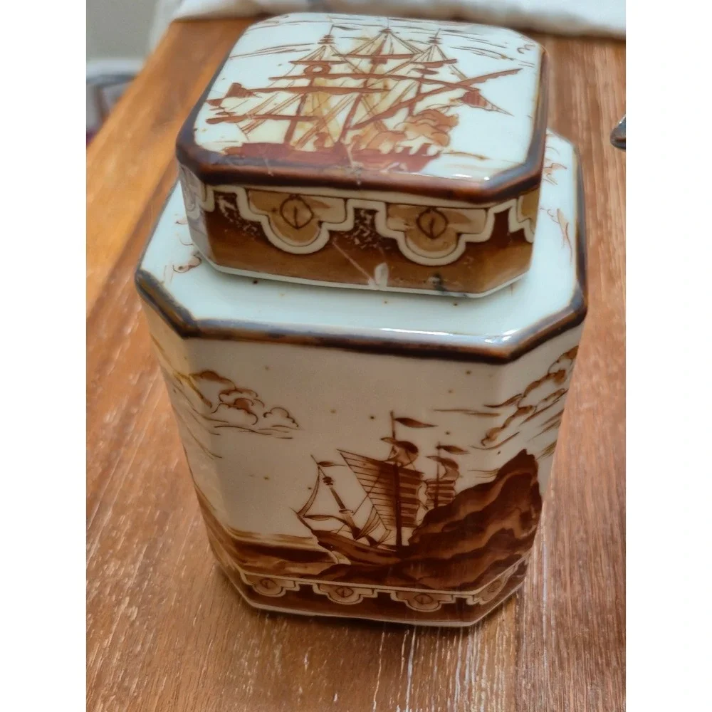 Japan Tea Set Vintage 40s 50s White Brown Nautical Ship Tea Caddies Teapot